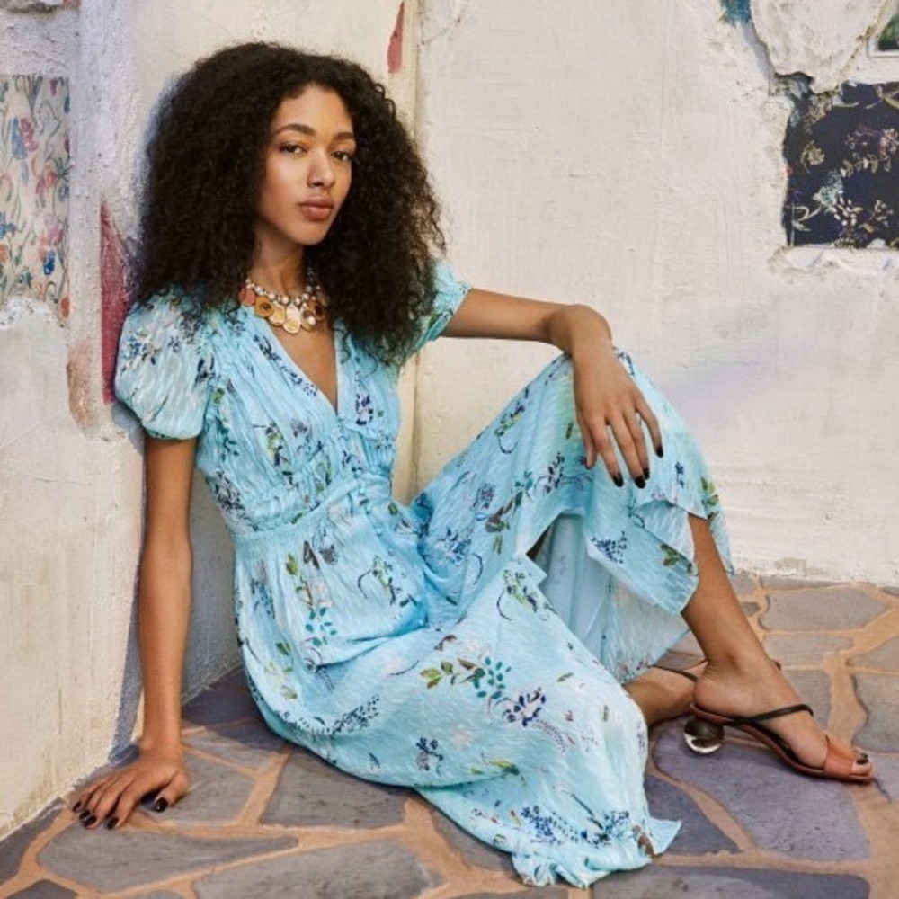 Tanya Taylor Alfonsa Pencil Floral Seafoam Silk Midi Dress Blue Size 10